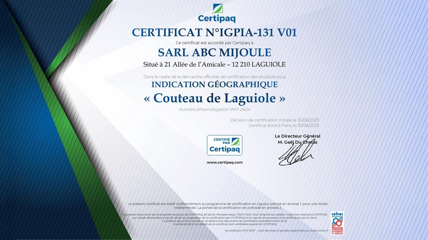 Certification IG Couteau de Laguiole