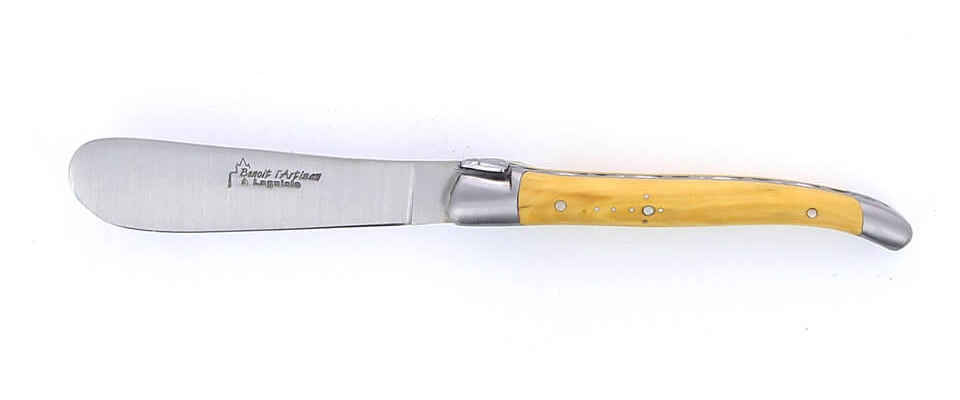Couteau à beurre de Laguiole, manche en buis, mitres inox brossées , fabrication artisanale à Laguiole