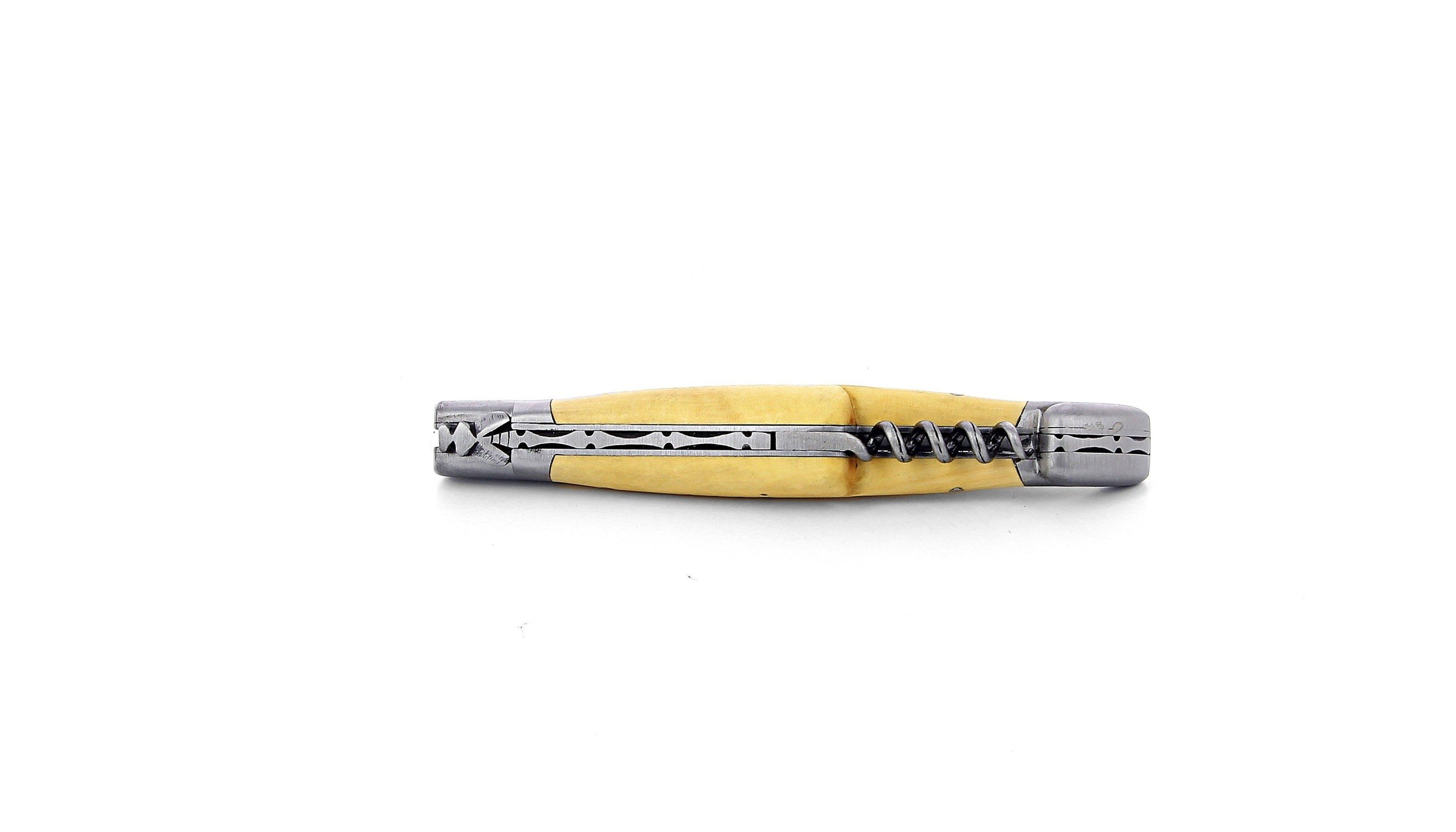 Laguiole pliant avec tire-bouchon, 12 cm, manche en buis, mitres inox brossées