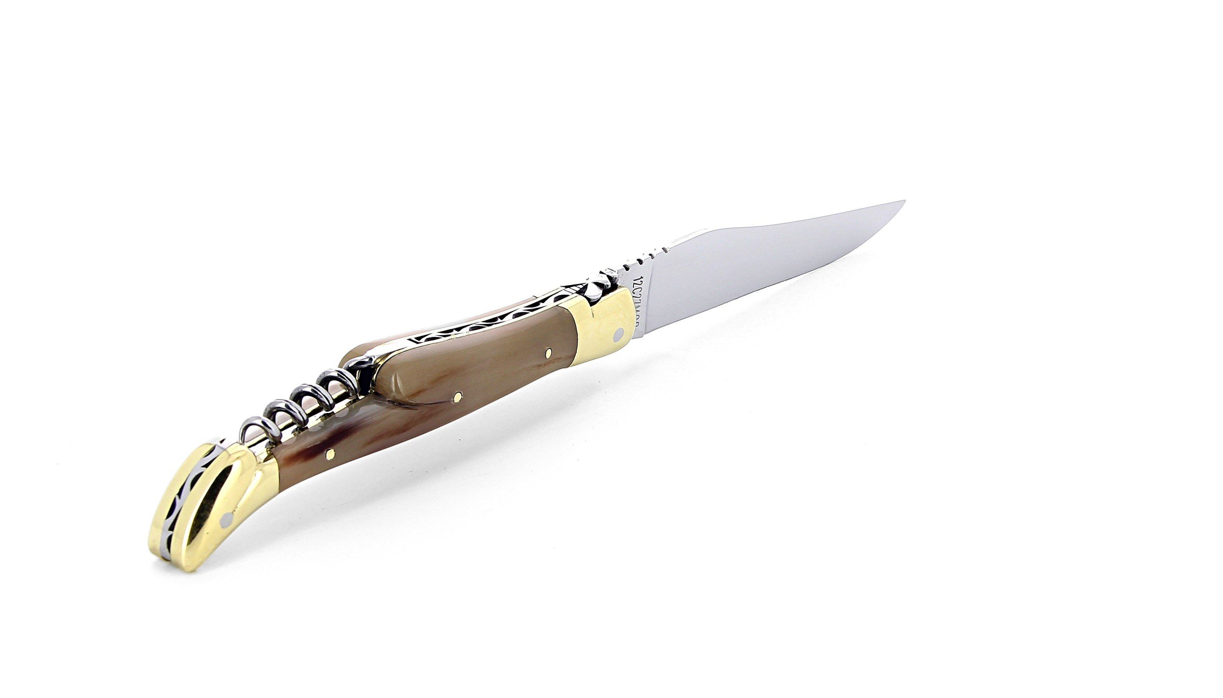 Laguiole pliant avec tire-bouchon, 12 cm, manche en corne massive blonde, mitres laiton