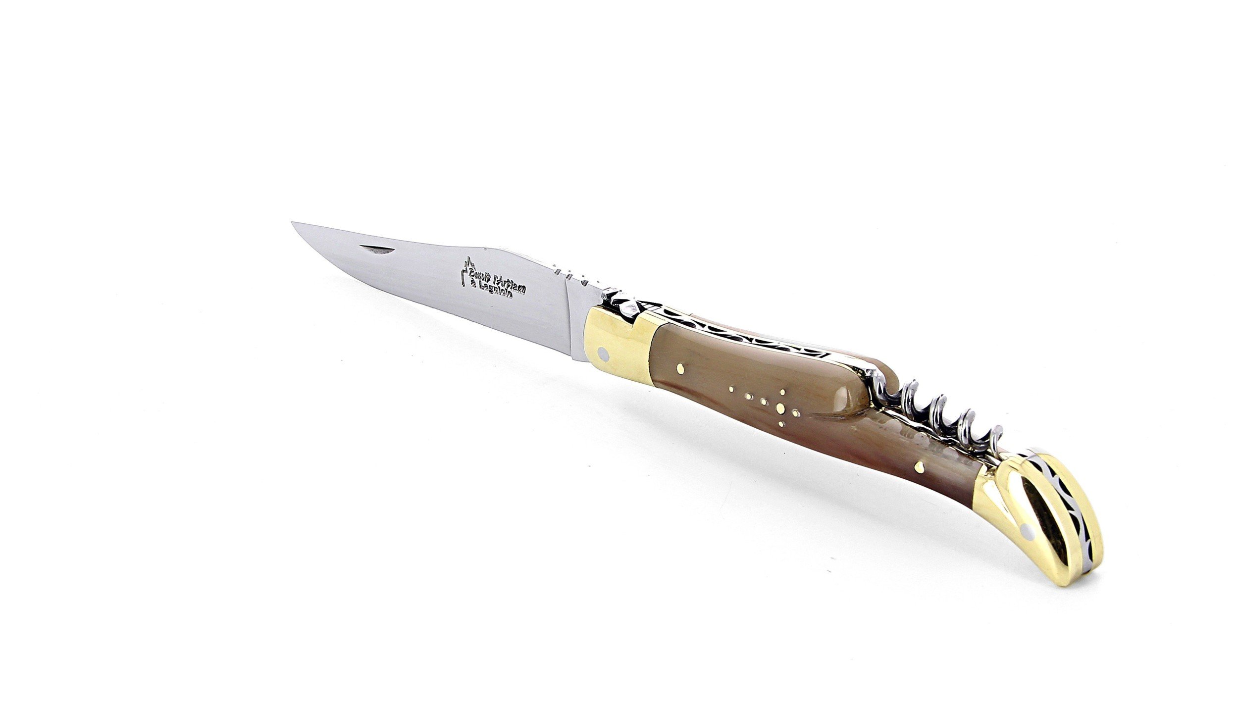 Laguiole pliant avec tire-bouchon, 12 cm, manche en corne massive blonde, mitres laiton