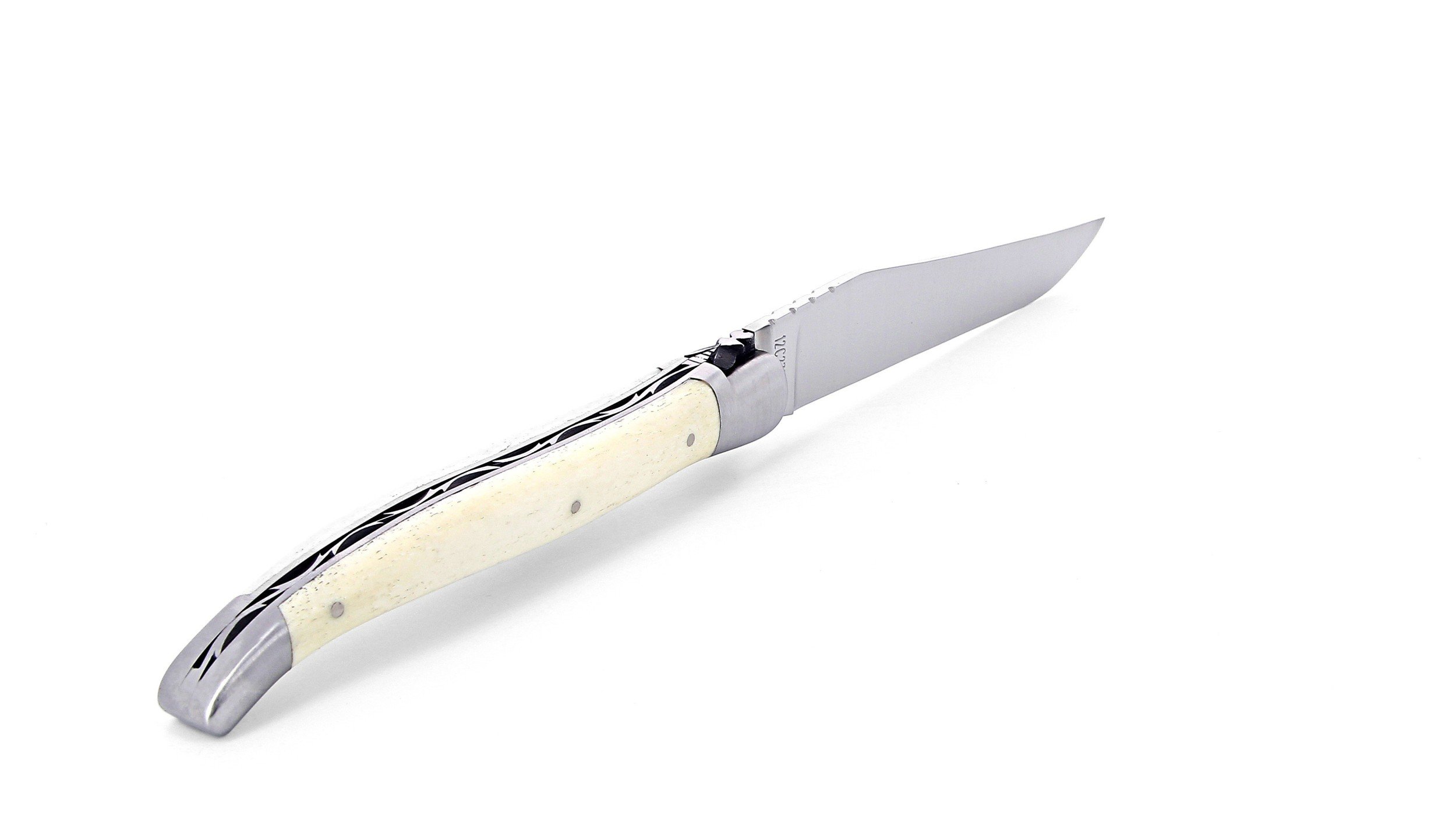 Laguiole pliant 13cm, manche en os, mitres inox brossées