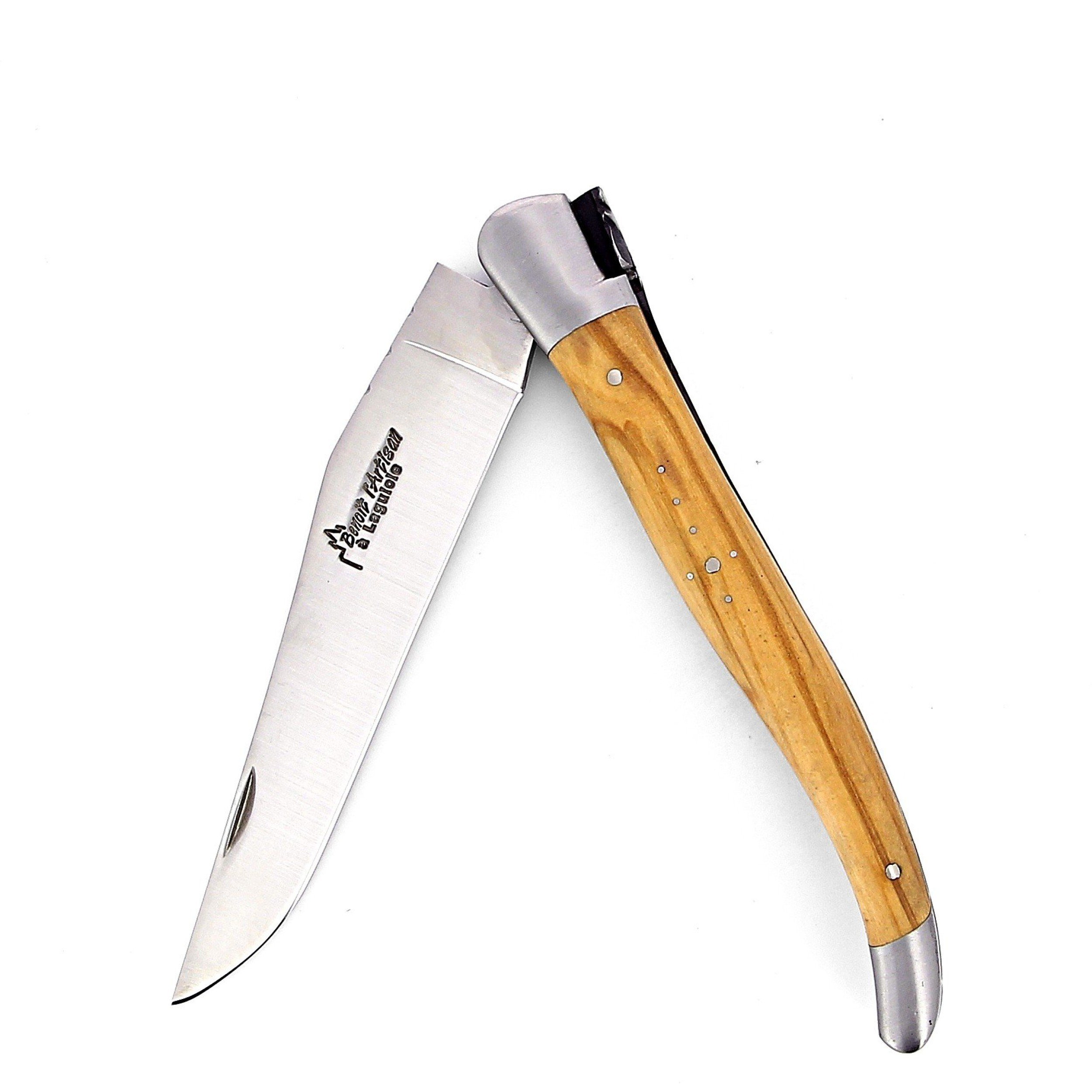 Laguiole pliant 13cm, manche en olivier, mitres inox brossées