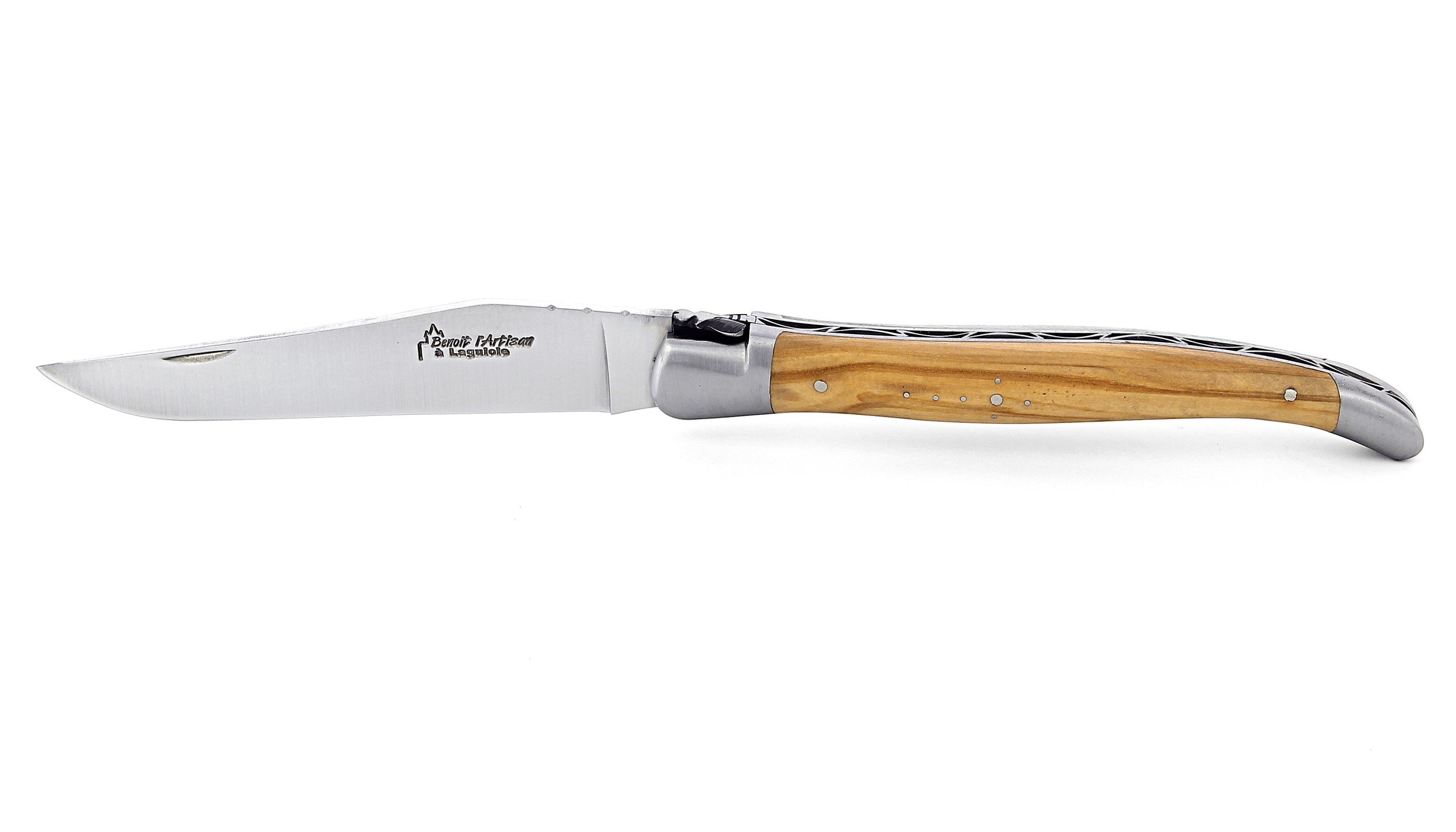 Laguiole pliant 13cm, manche en olivier, mitres inox brossées