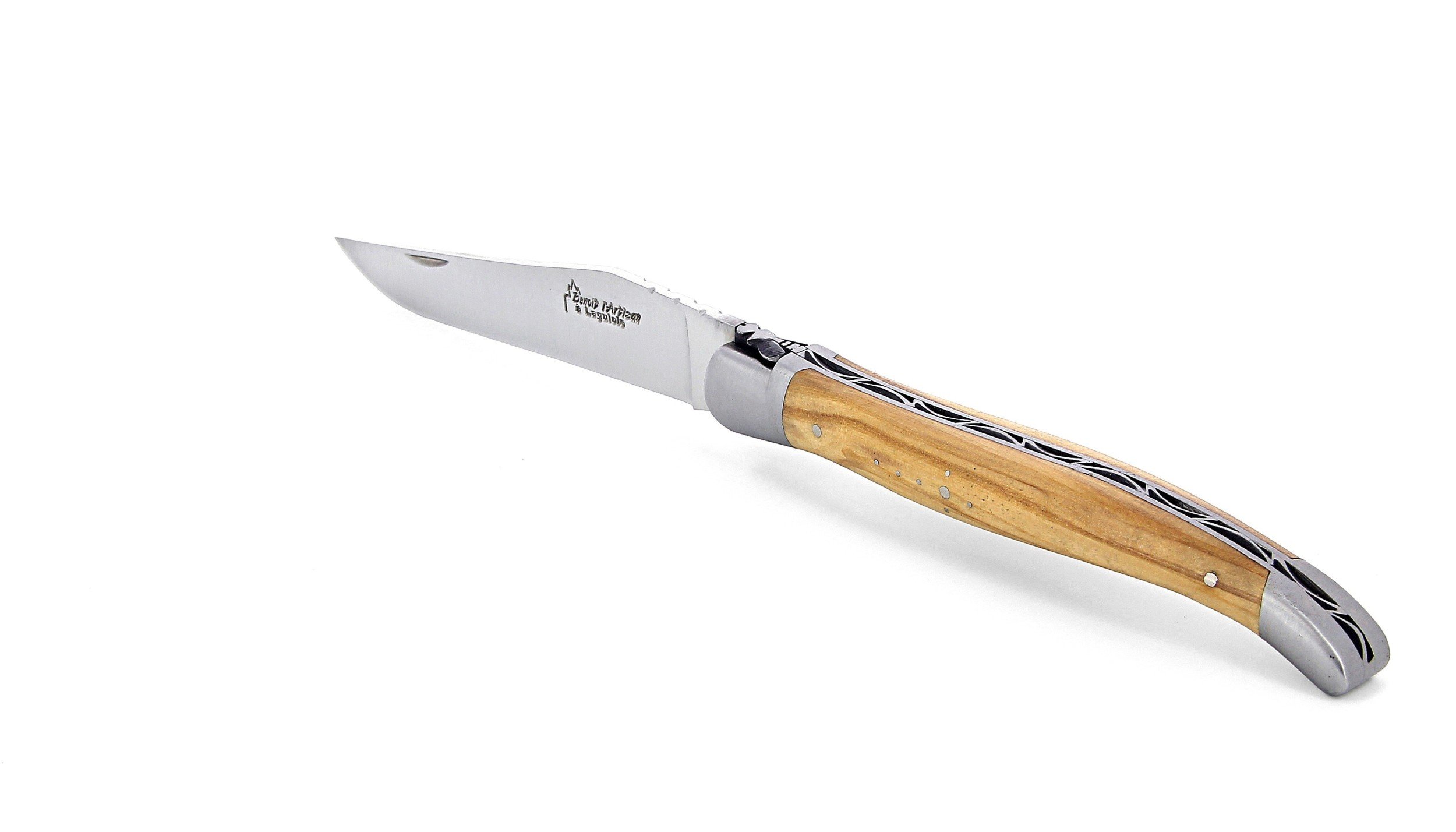 Laguiole pliant 13cm, manche en olivier, mitres inox brossées