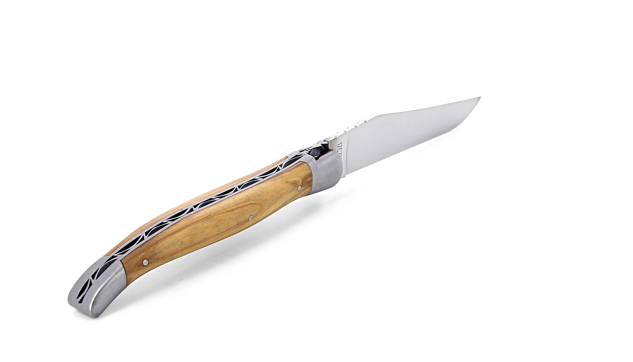 Laguiole pliant 13cm, manche en olivier, mitres inox brossées