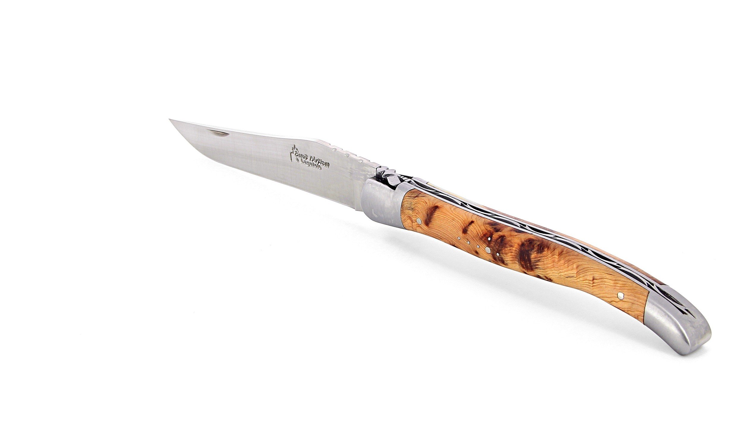 Laguiole pliant 13cm, manche en genévrier, mitres inox brossées