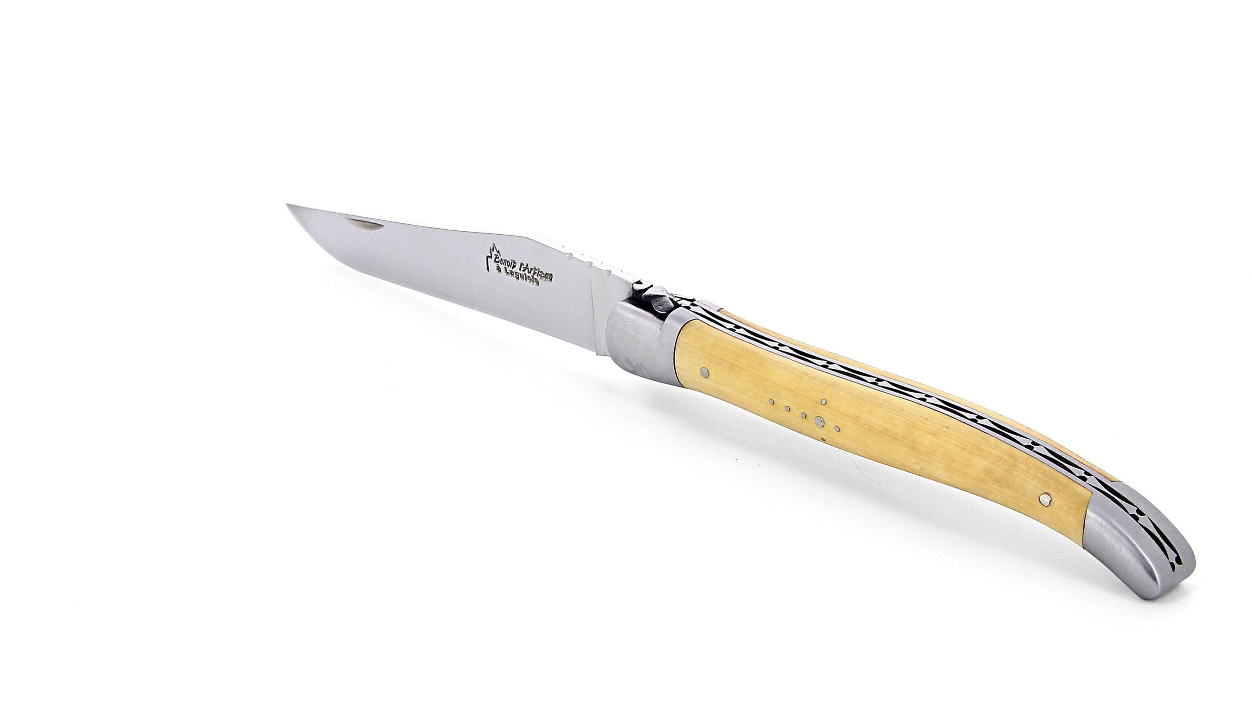 Laguiole pliant 13cm, manche en buis, mitres inox brossées