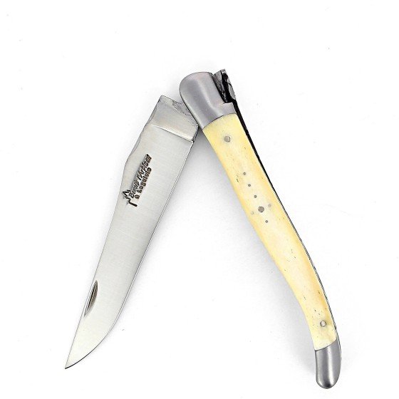 Benoit l'Artisan  Couteau de Laguiole pliant avec tire-bouchon, doubles  platines, 12 cm, manche en os, mitres inox brossées