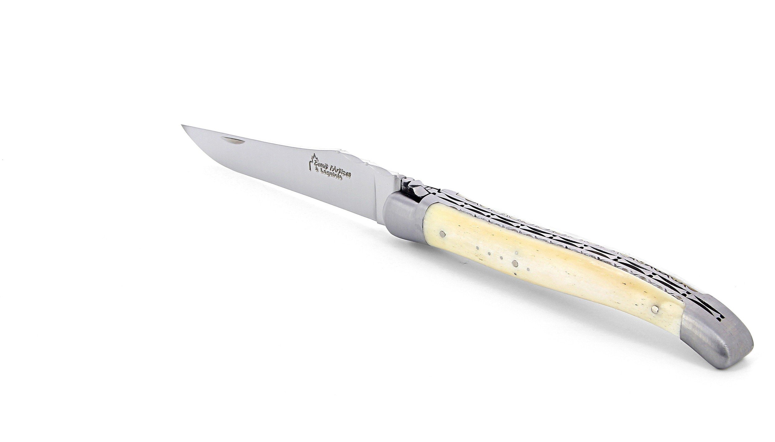 Laguiole pliant doubles platines, 13 cm, manche en os, mitres inox brossées