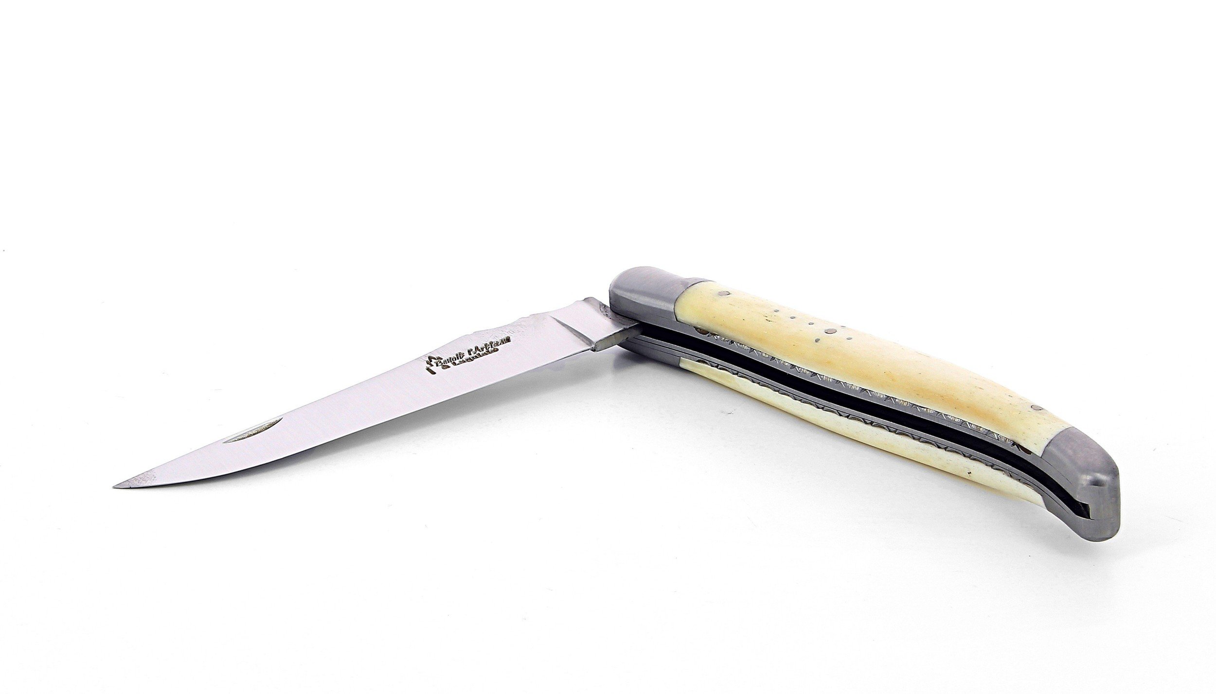 Laguiole pliant doubles platines, 13 cm, manche en os, mitres inox brossées