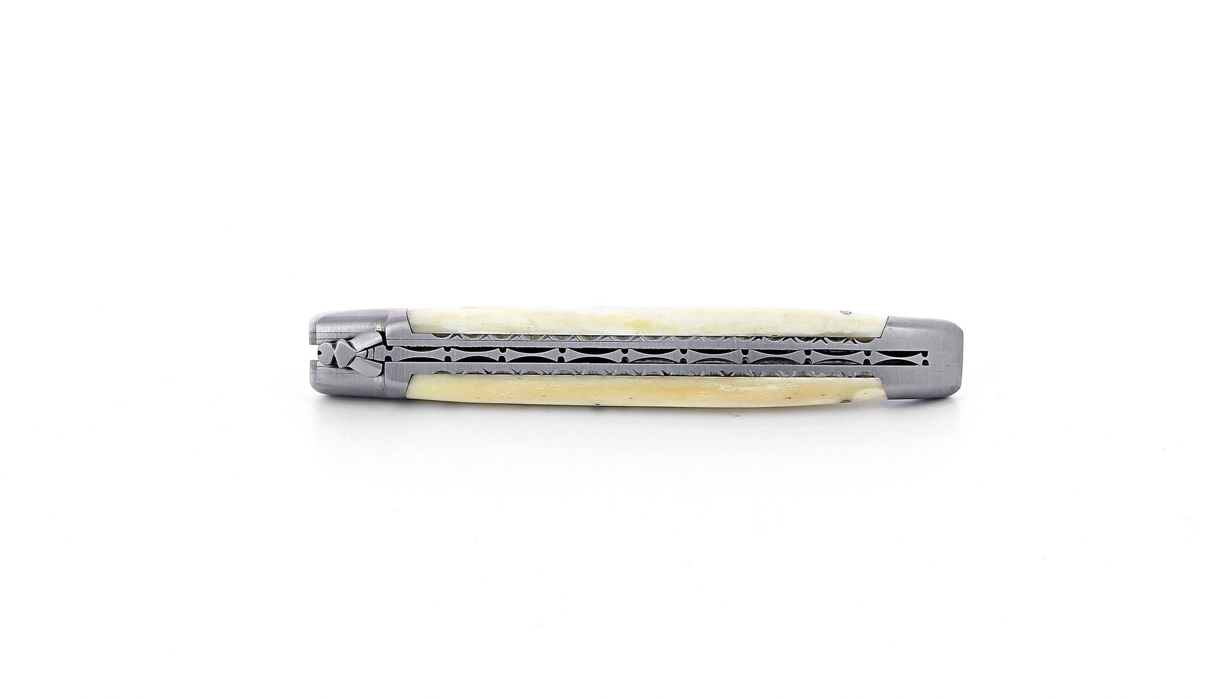 Laguiole pliant doubles platines, 13 cm, manche en os, mitres inox brossées