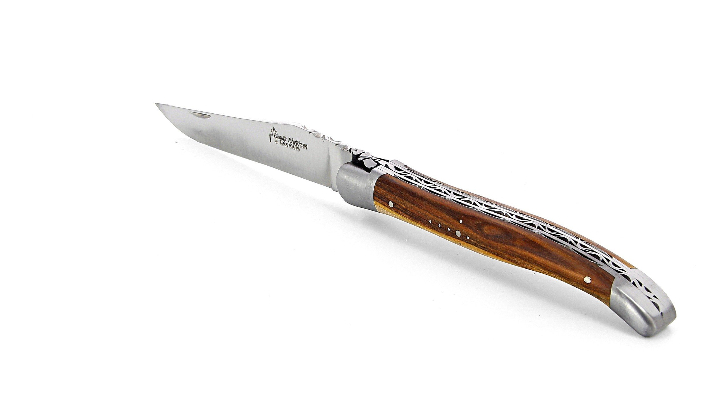 Laguiole pliant doubles platines, 13 cm, manche en pistachier, mitres inox brossées