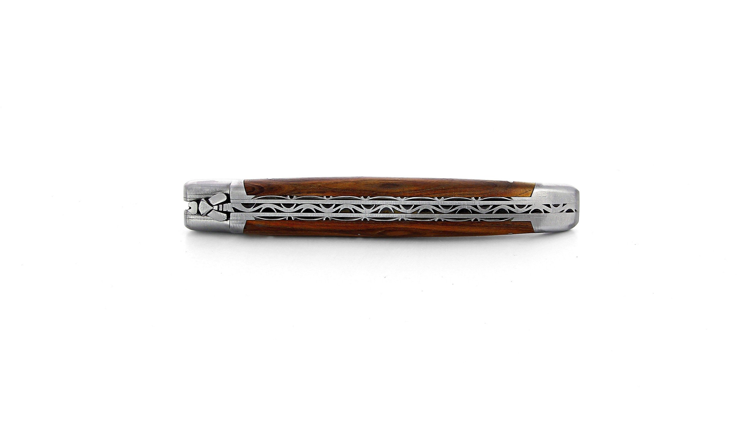 Laguiole pliant doubles platines, 13 cm, manche en pistachier, mitres inox brossées