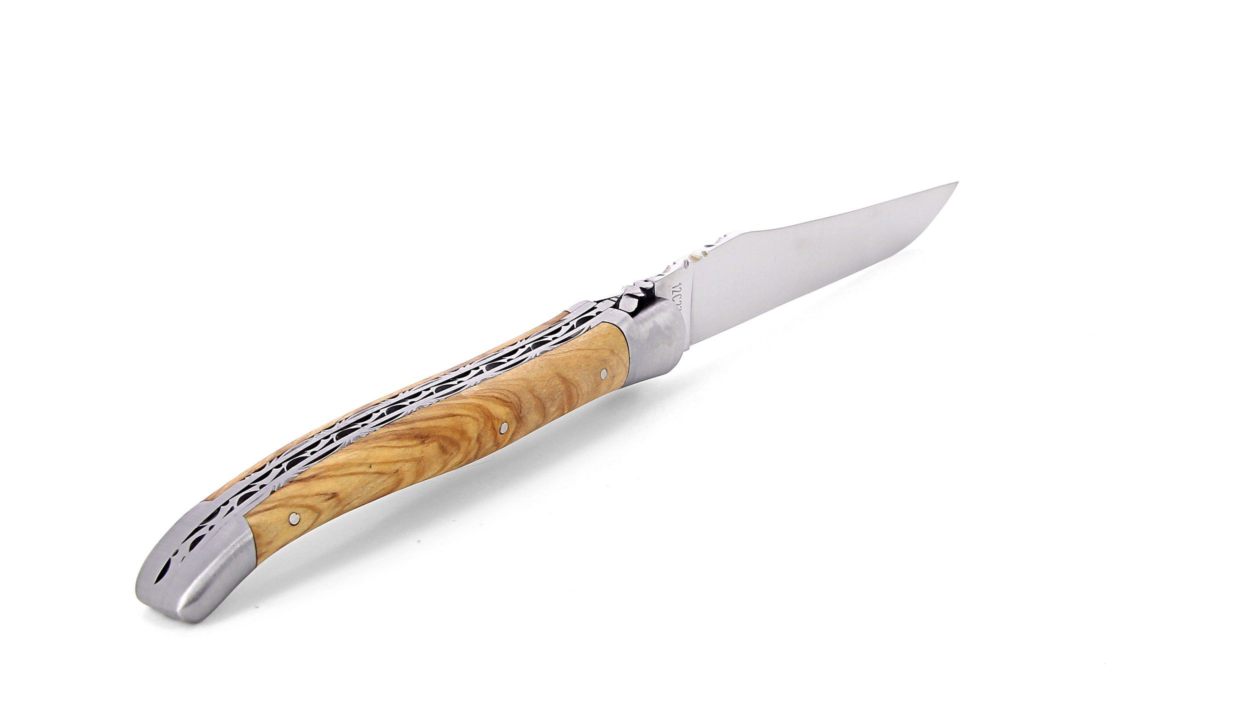Laguiole pliant doubles platines, 13 cm, manche en olivier, mitres inox brossées