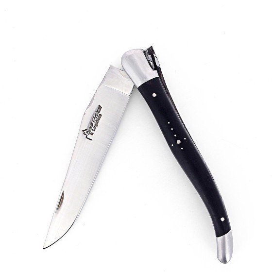 Laguiole pliant doubles platines, 13 cm, manche en ébène, mitres inox brossées