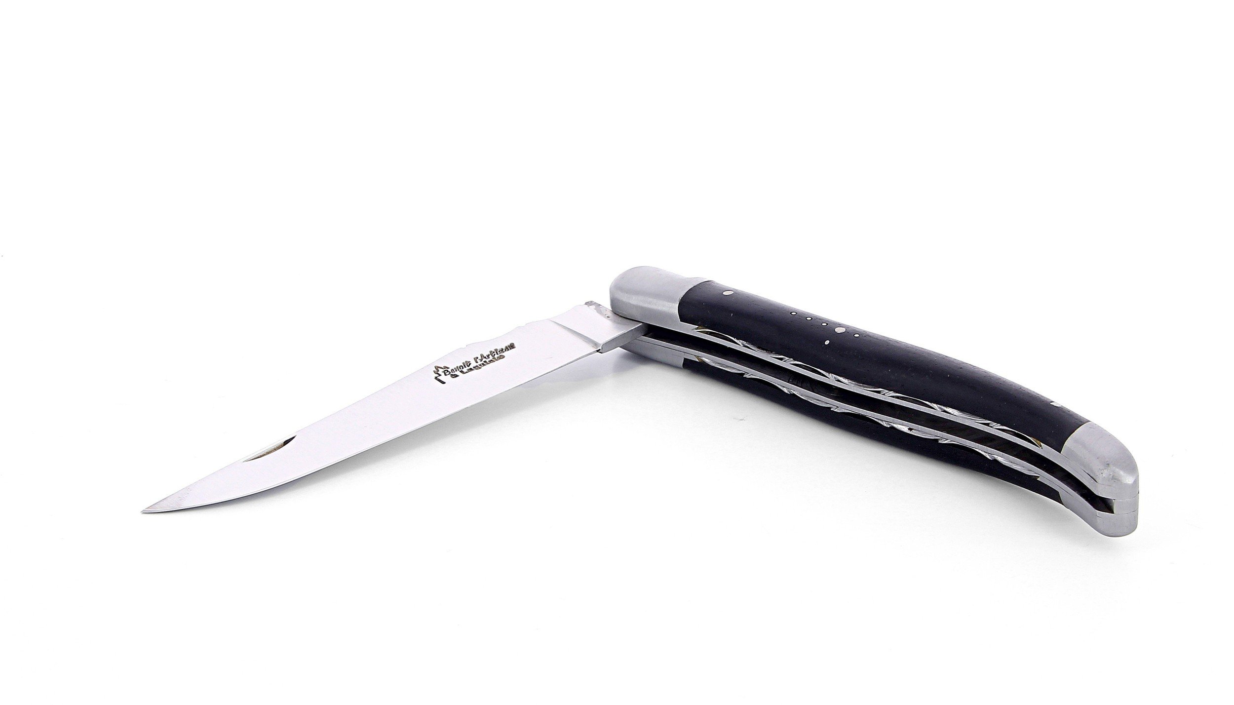 Laguiole pliant doubles platines, 13 cm, manche en ébène, mitres inox brossées