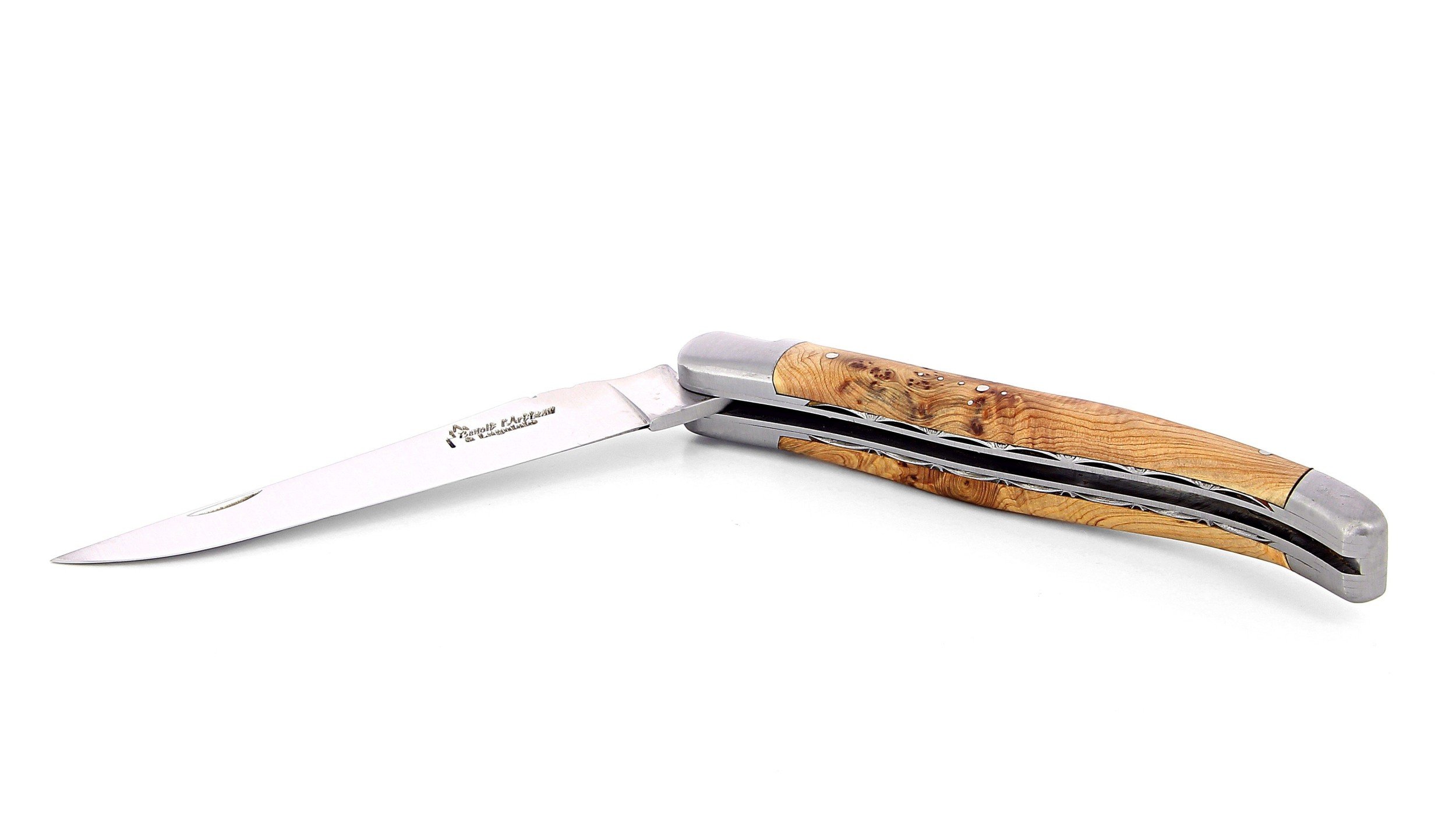 Laguiole pliant doubles platines, 13 cm, manche en genévrier, mitres inox brossées