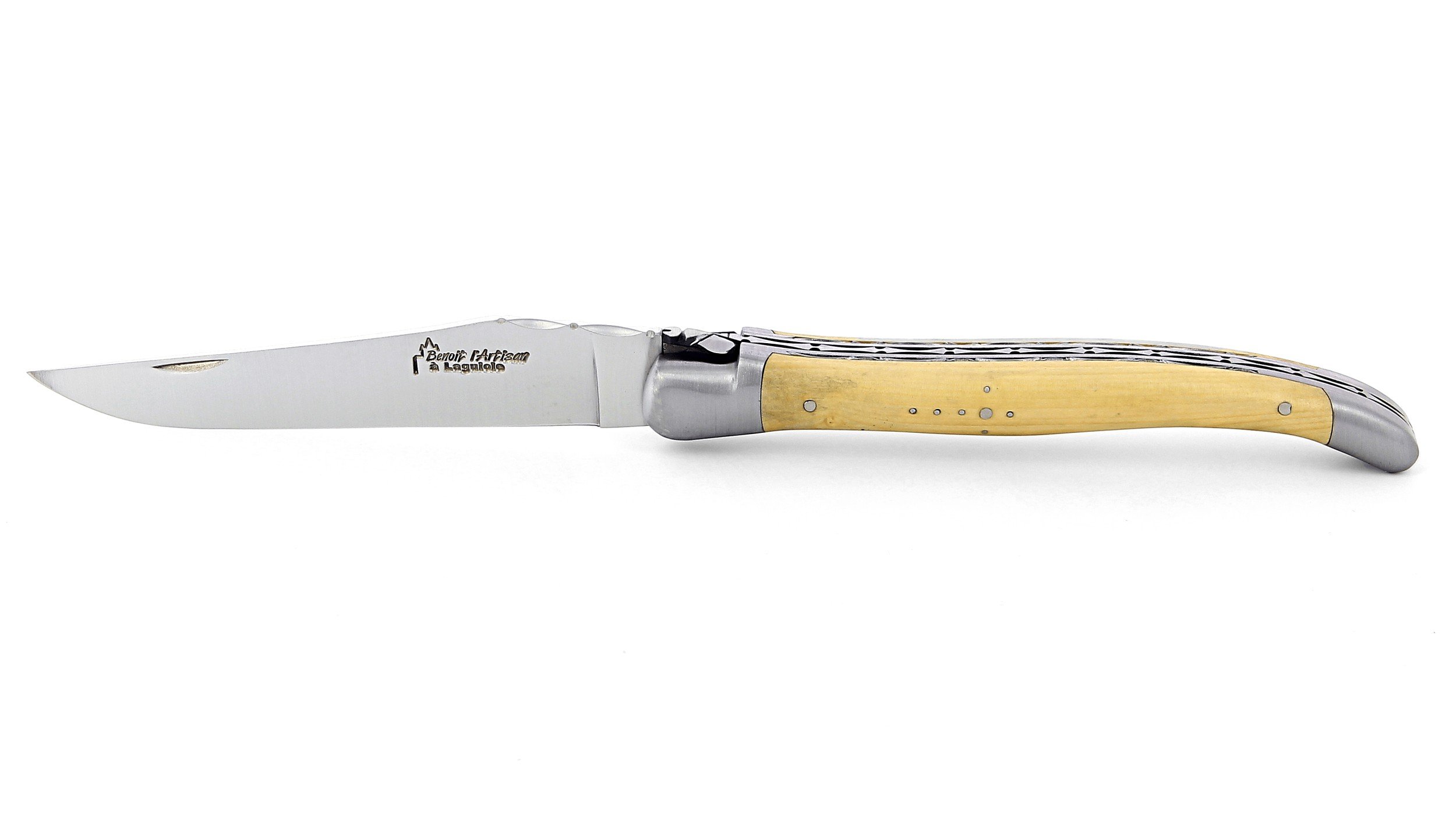 Laguiole pliant doubles platines, 13 cm, manche en buis, mitres inox brossées