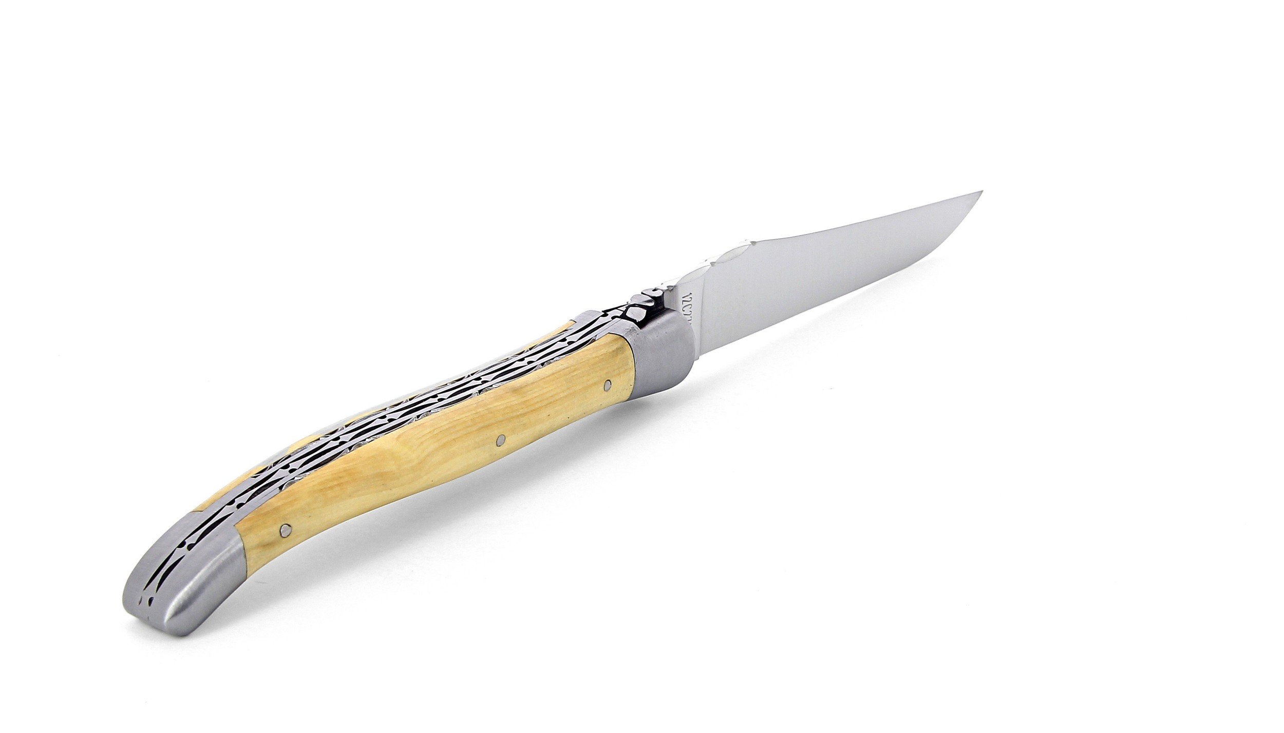 Laguiole pliant doubles platines, 13 cm, manche en buis, mitres inox brossées