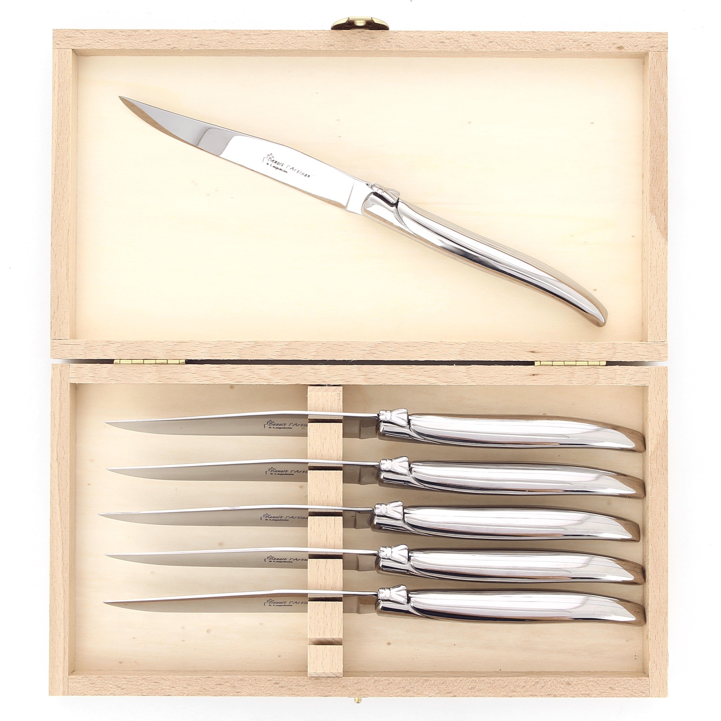 Benoit l'Artisan  Coffret de 6 couteaux de table de Laguiole, plein manche  en inox poli