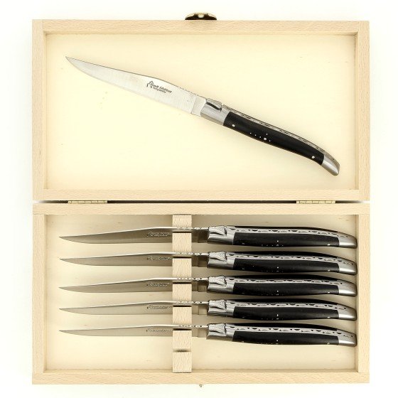 Coffret de 6 couteaux de table Laguiole, manche en ébène, mitres inox brossées