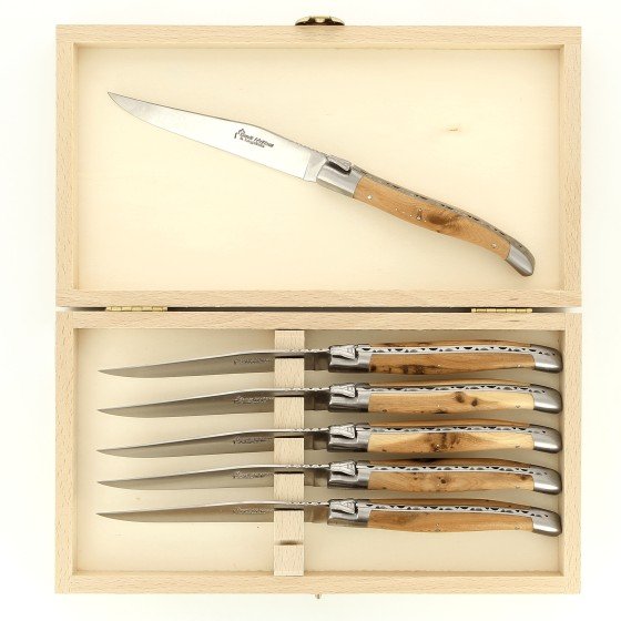 Coffret de 6 couteaux de table Laguiole, manche en genévrier, mitres inox brossées