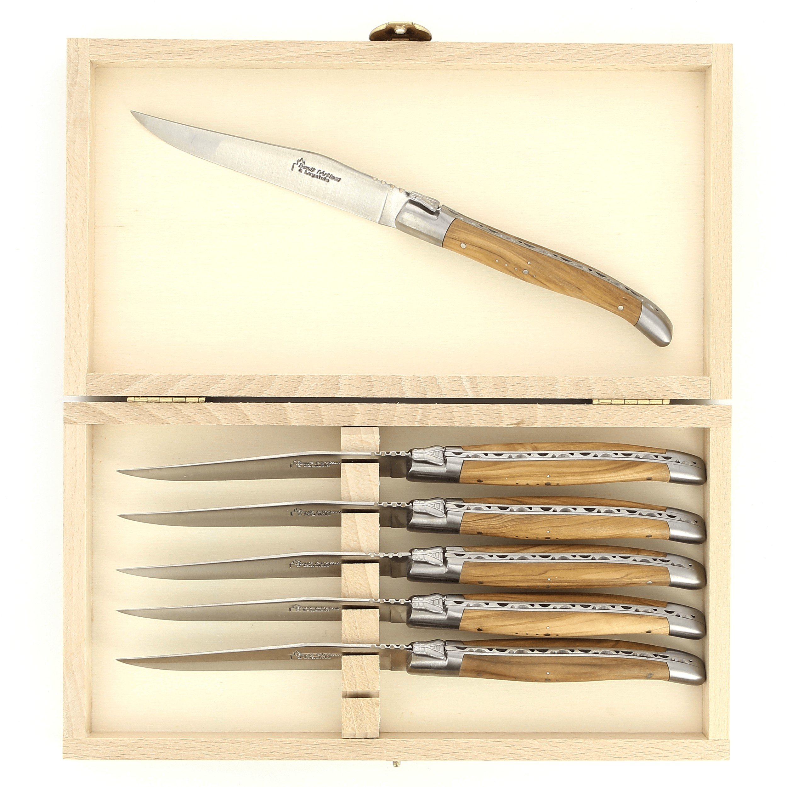 Benoit l'Artisan  Coffret de 6 couteaux de table de Laguiole, manche en  olivier, mitres inox brossées