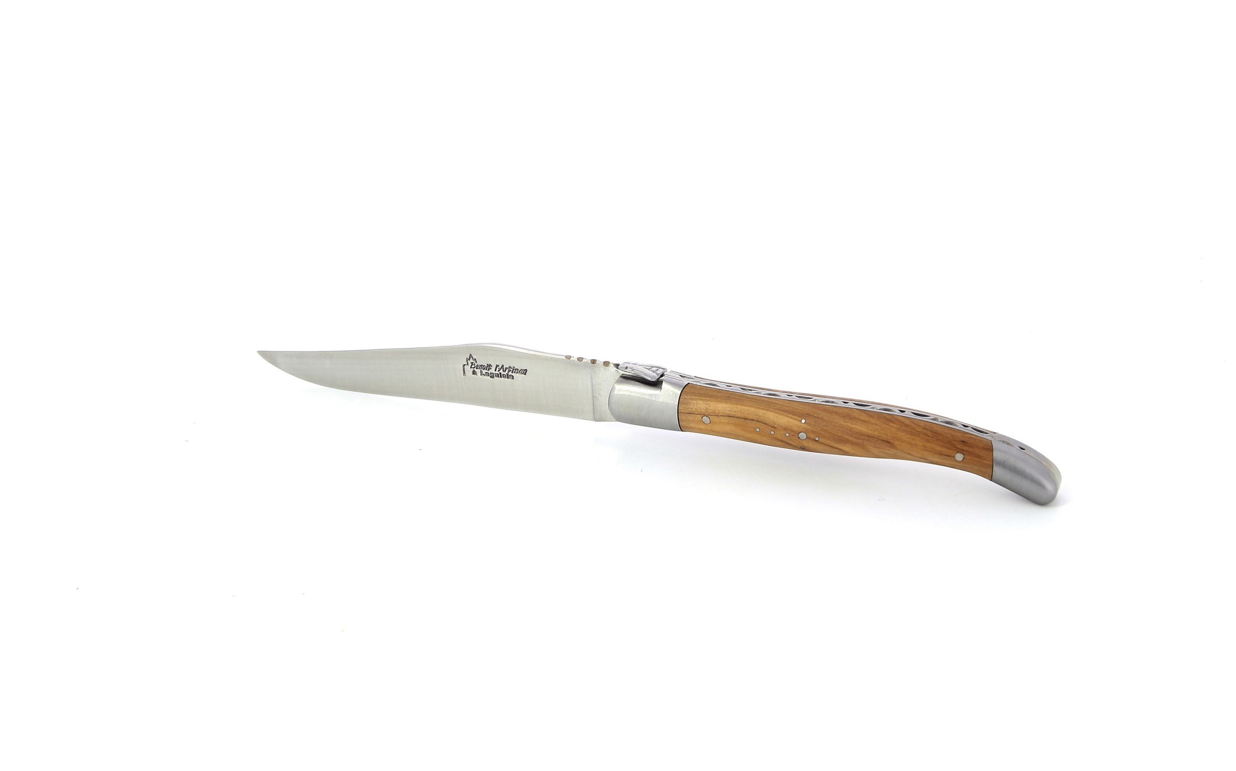 Coffret de 6 couteaux de table Laguiole, manche en olivier, mitres inox brossées