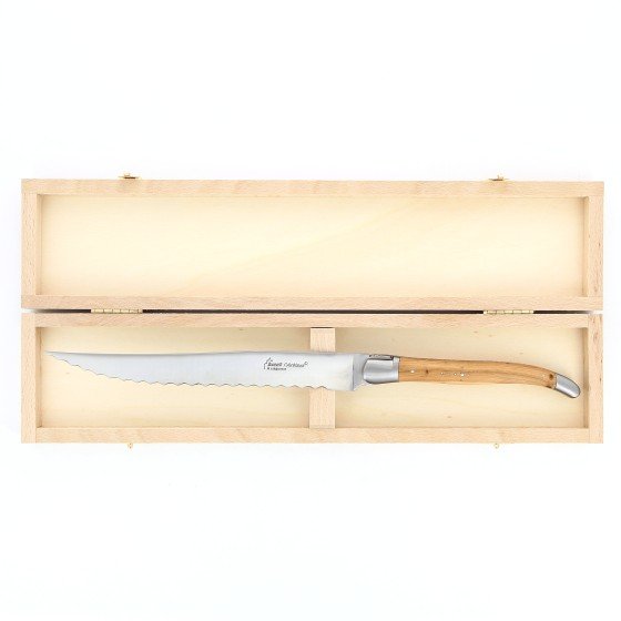 Couteau à pain Laguiole, manche en genévrier, mitres inox brossées