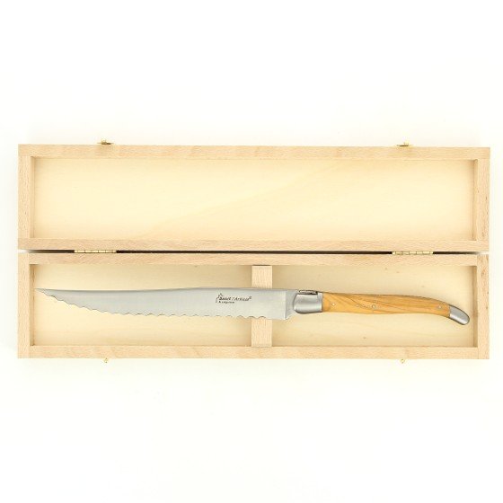 Couteau à pain Laguiole, manche en olivier, mitres inox brossées