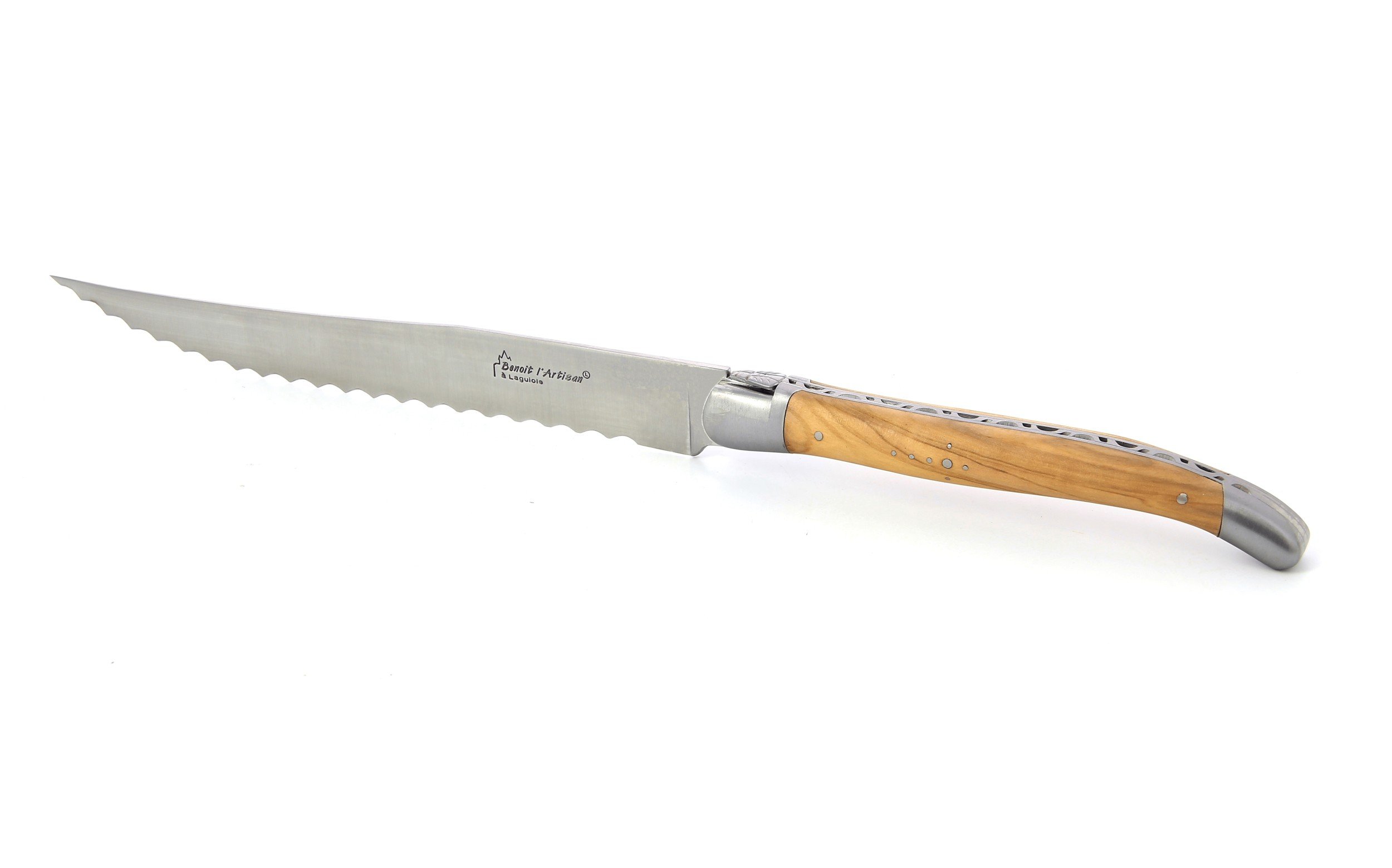 Couteau à pain Laguiole, manche en olivier, mitres inox brossées