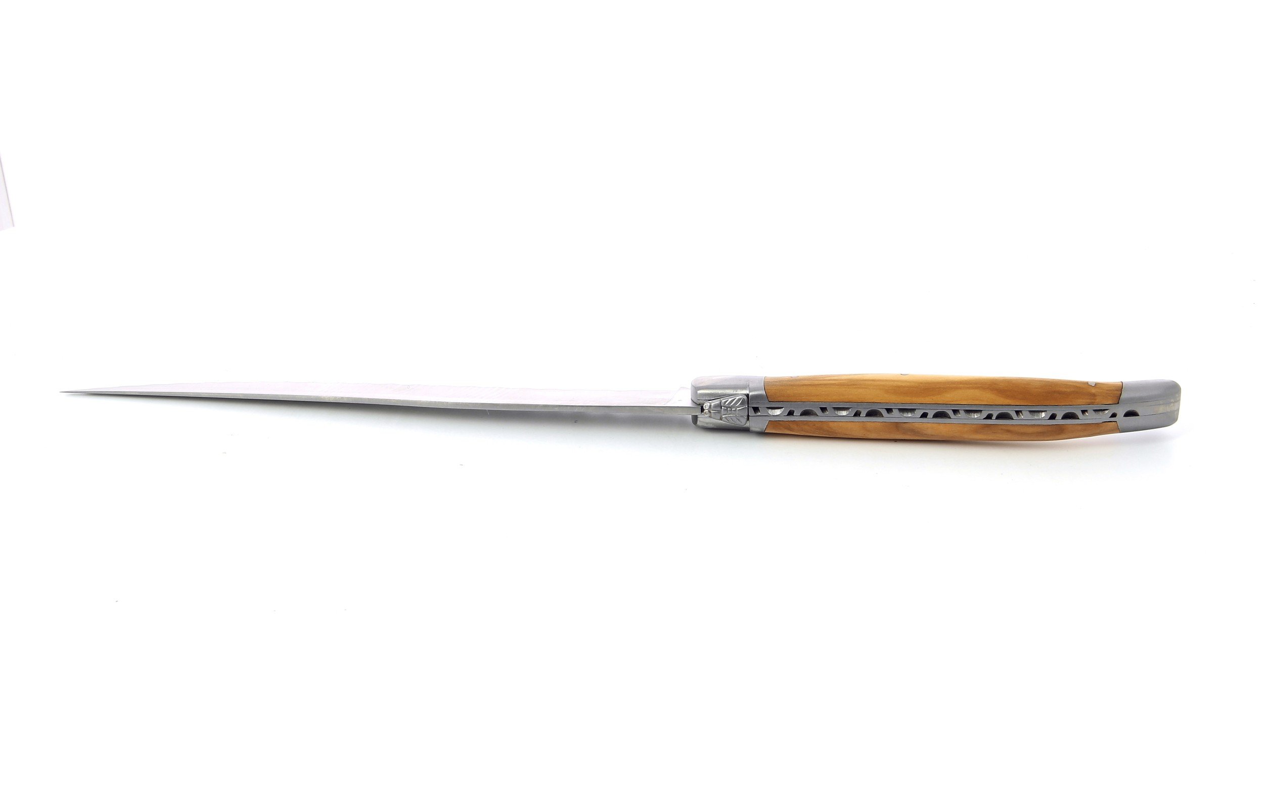 Couteau à pain Laguiole, manche en olivier, mitres inox brossées