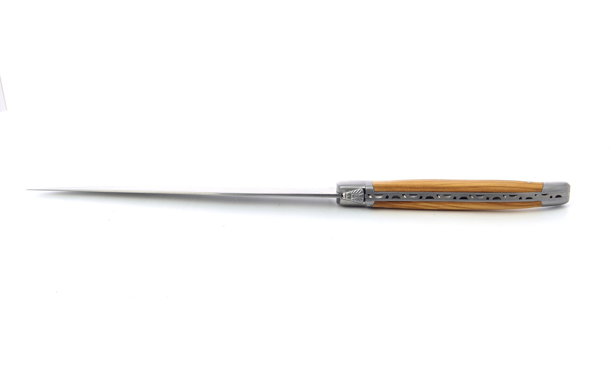 Couteau à découper Laguiole, manche en olivier, mitres inox brossées