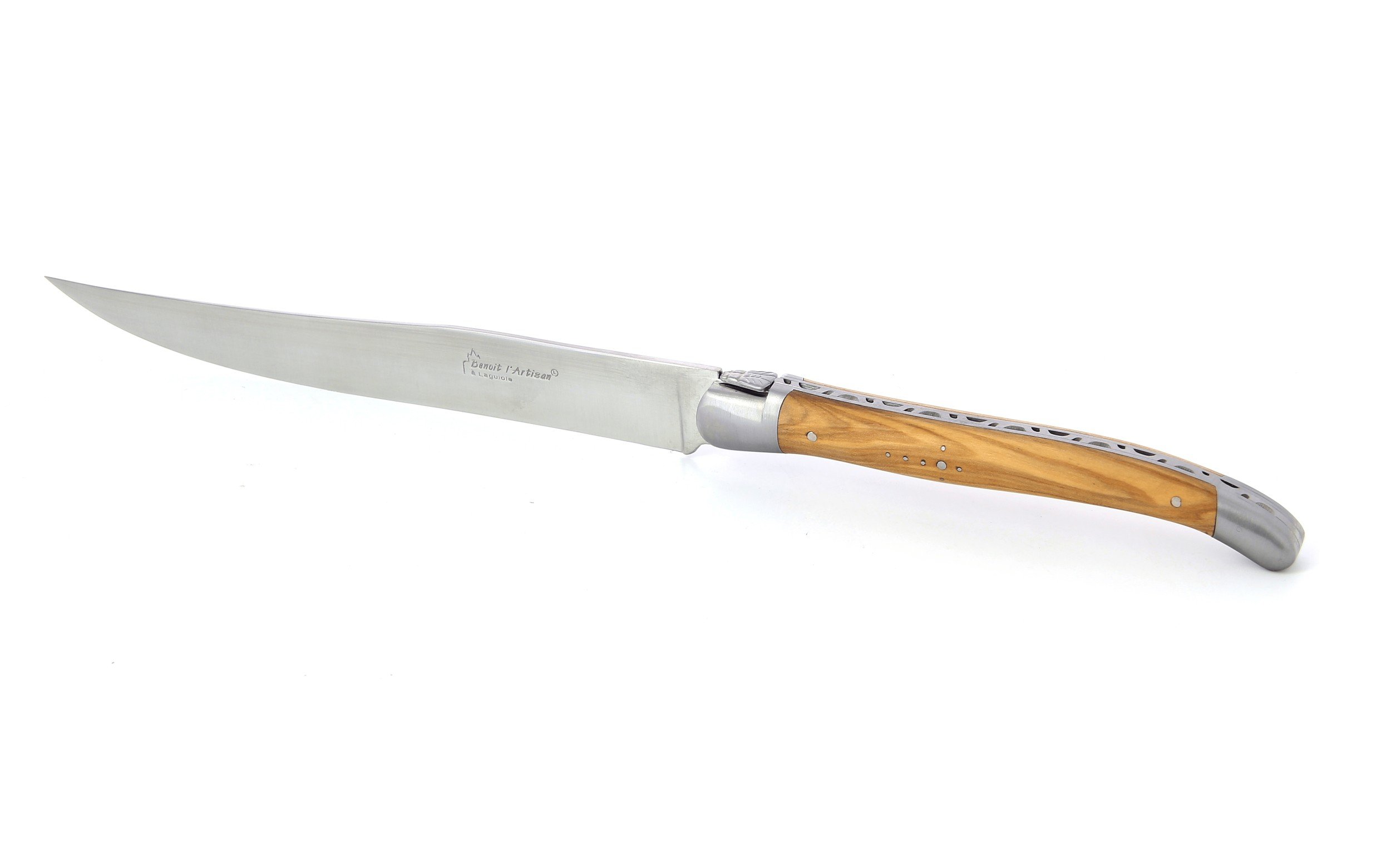 Couteau à découper Laguiole, manche en olivier, mitres inox brossées