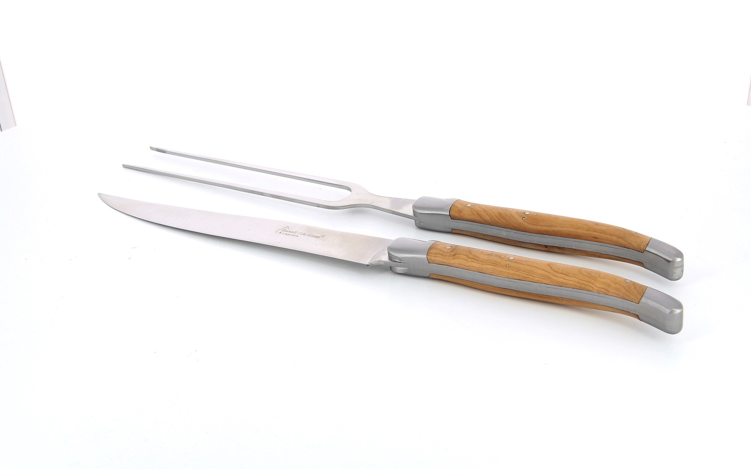 Service à découper Laguiole, manche en genévrier, mitres inox brossées