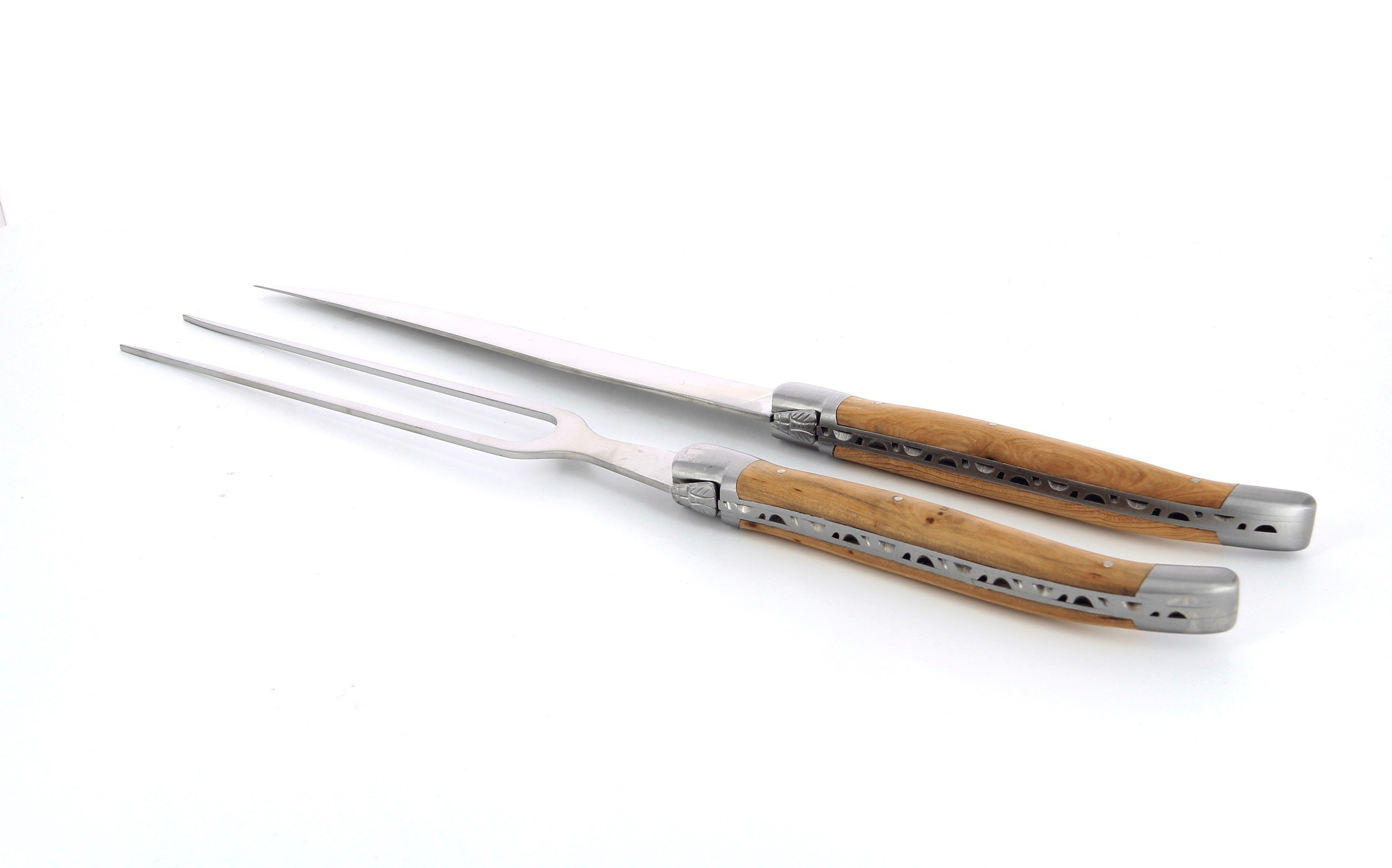 Service à découper Laguiole, manche en genévrier, mitres inox brossées