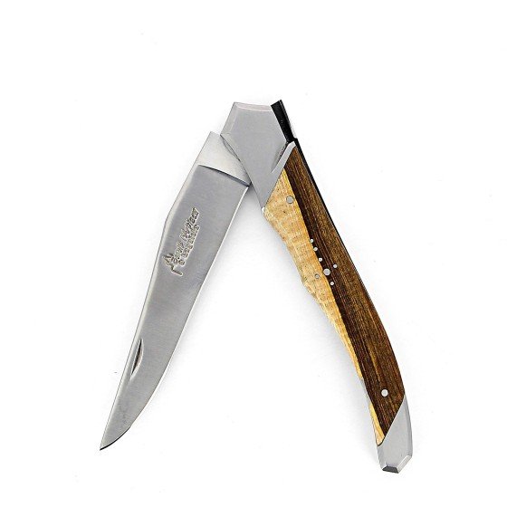 Laguiole Tribal pliant 12 cm, platines guillochées, manche en pistachier, mitres inox brossées