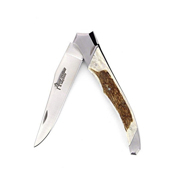 Laguiole Tribal pliant 12 cm, platines lisses, manche en bois de cerf, mitres inox brossées