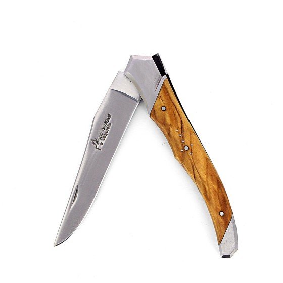 Laguiole Tribal pliant 12 cm, platines lisses, manche en olivier, mitres inox brossées