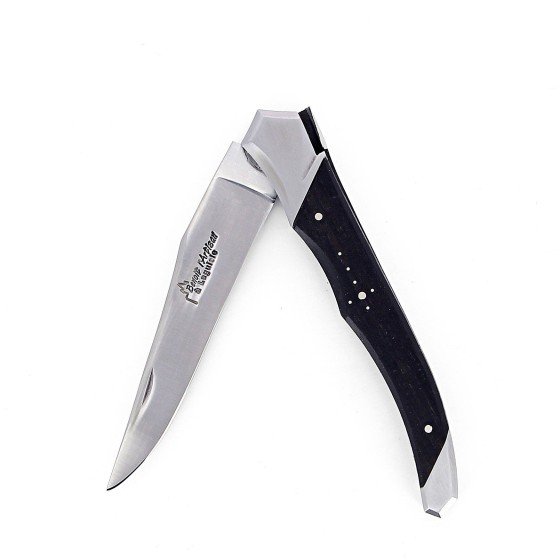 Laguiole Tribal pliant 12 cm, platines lisses, manche en ébène, mitres inox brossées