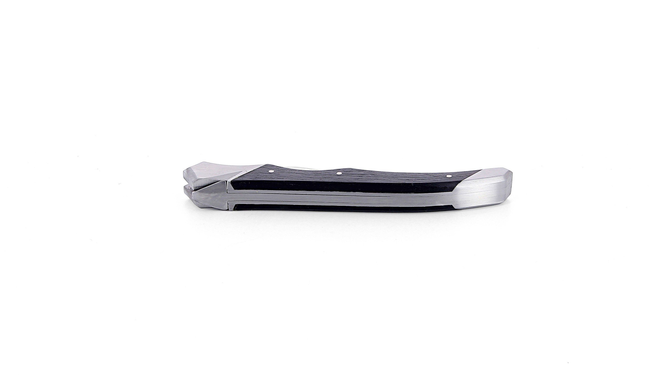 Laguiole Tribal pliant 12 cm, platines lisses, manche en ébène, mitres inox brossées