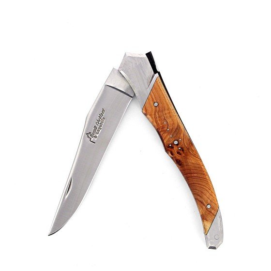 Laguiole Tribal pliant 12 cm, platines lisses, manche en genévrier, mitres inox brossées