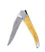 Laguiole Tribal pliant 12 cm, platines lisses, manche en buis, mitres inox brossées