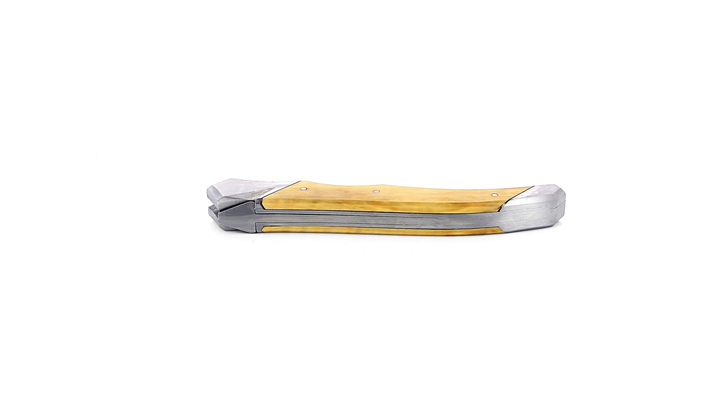 Laguiole Tribal pliant 12 cm, platines lisses, manche en buis, mitres inox brossées
