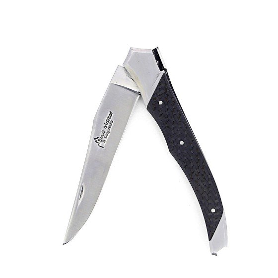 Laguiole Tribal pliant 12 cm, platines lisses, manche en fibre de carbone, mitres inox brossées