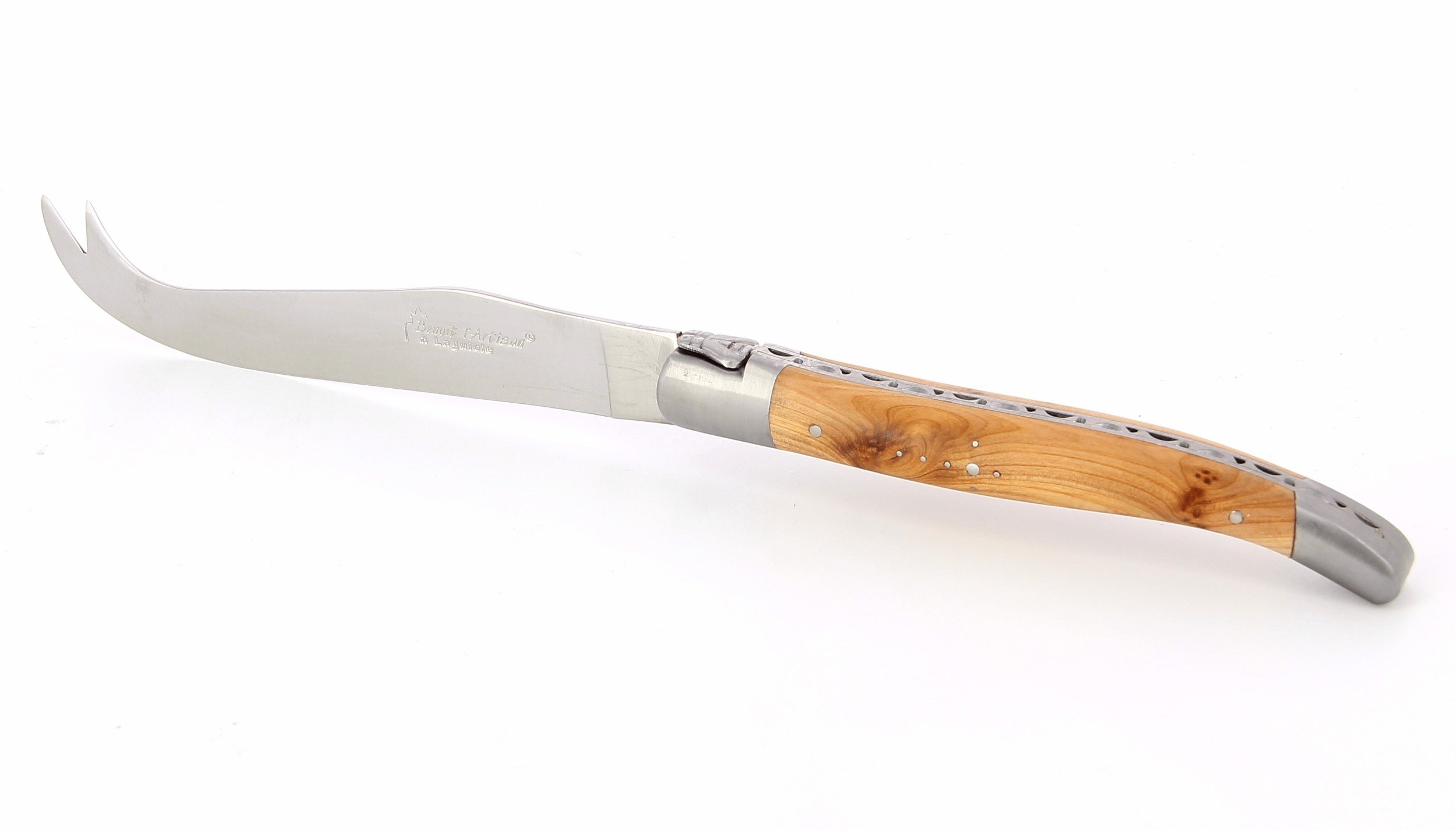 Couteau à fromage de Laguiole, manche en genévrier, mitres inox brossées
