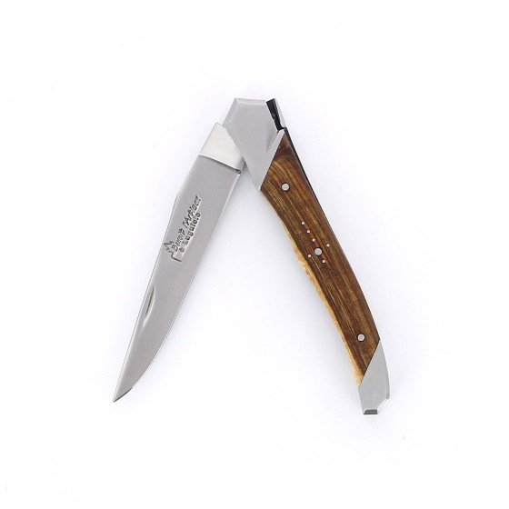 Laguiole Tribal pliant 10 cm, platines lisses, manche en pistachier, mitres inox brossées