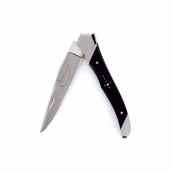 Laguiole Tribal pliant 10 cm, platines lisses, manche en ébène, mitres inox brossées