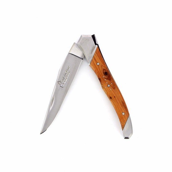 Laguiole Tribal pliant 10 cm, platines lisses, manche en genévrier, mitres inox brossées